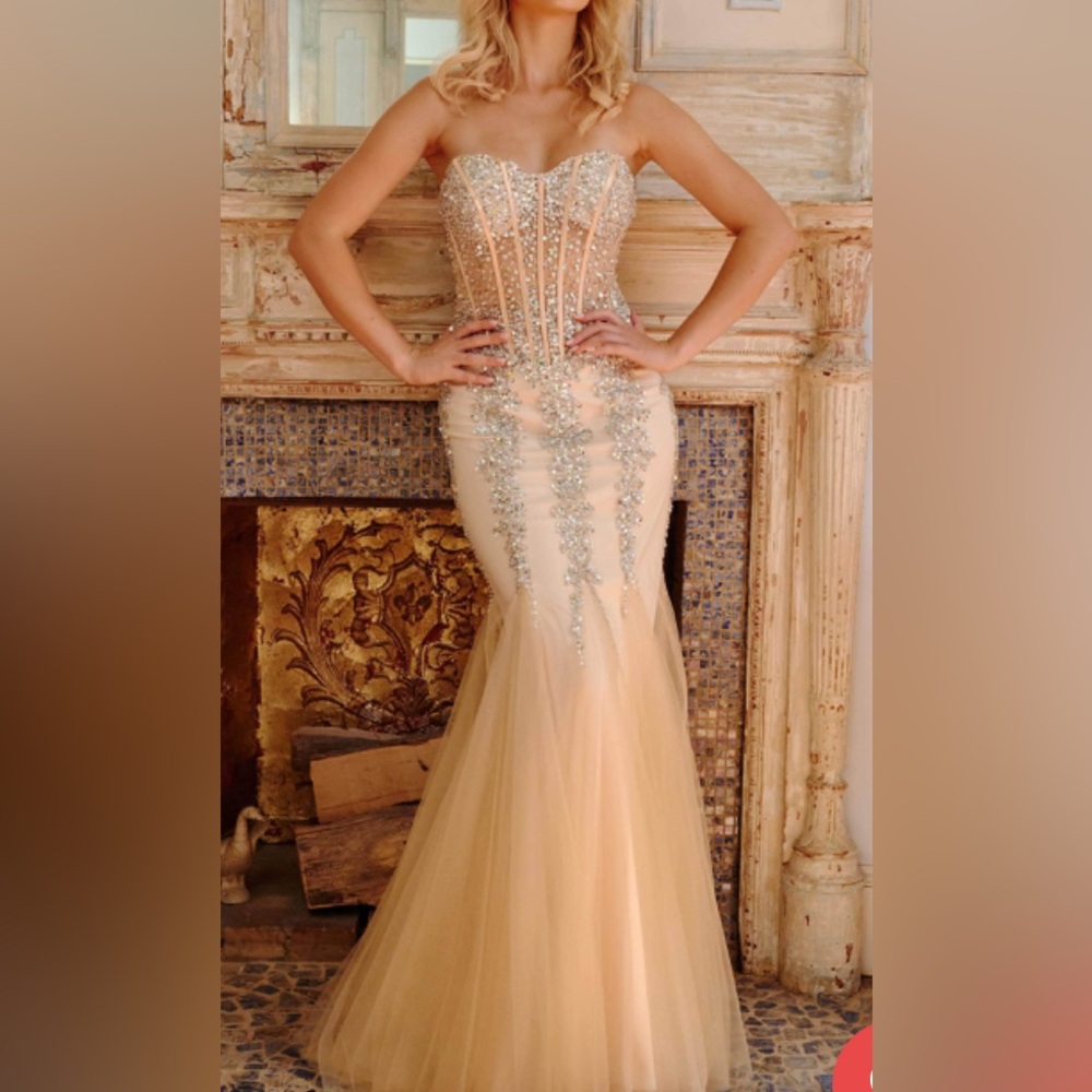 Jovani Cream Beaded Corset Prom Gown